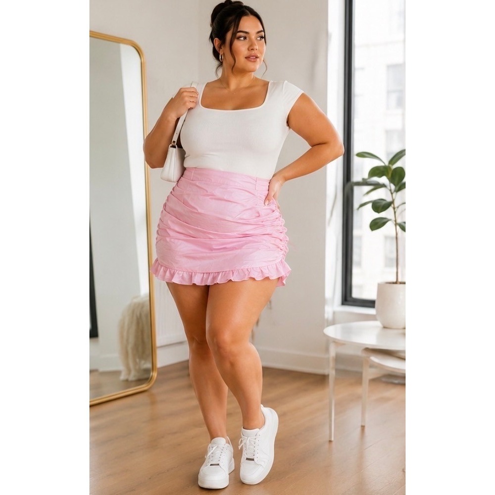 Choosy Pink Ruched Ruffle hem Mini Skirt NWT 20 Y2K Coquette Barbiecore feminine